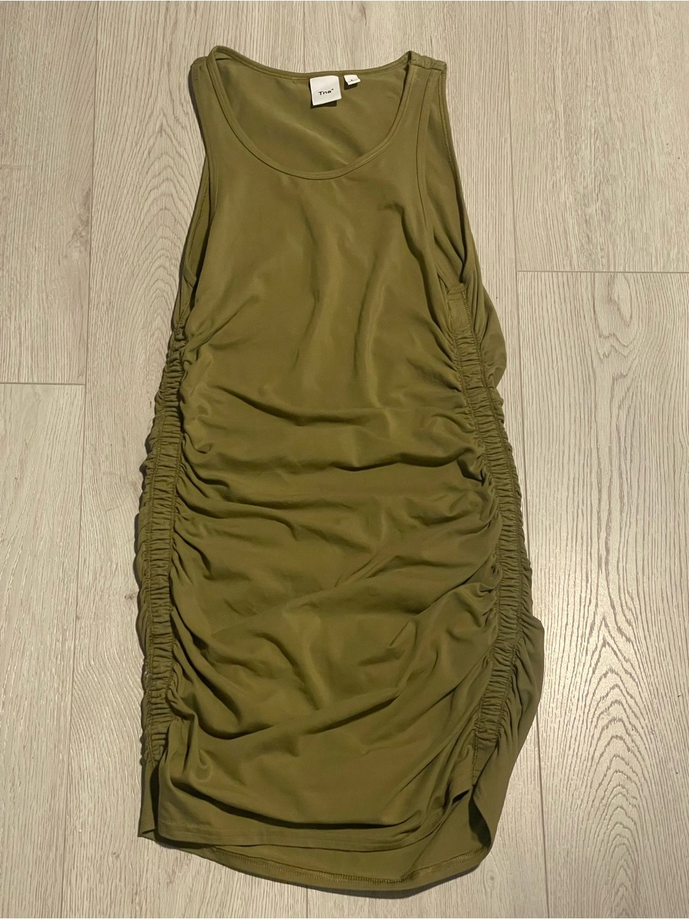Aritzia TNA Chill Malibu Dress - Olive Green Cotton Jersey Ruched Bodycon Mini